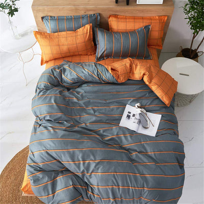 Treer Bettwäsche 180x220 cm 3 Teilig Mikrofaser, Bettwäsche-Sets mit 2 Kissenbezug 50x75 cm, Modern Streifen kariert Bettbezüge, Bettbezug für Doppelbett mit Reißverschluss, Orange/Grau