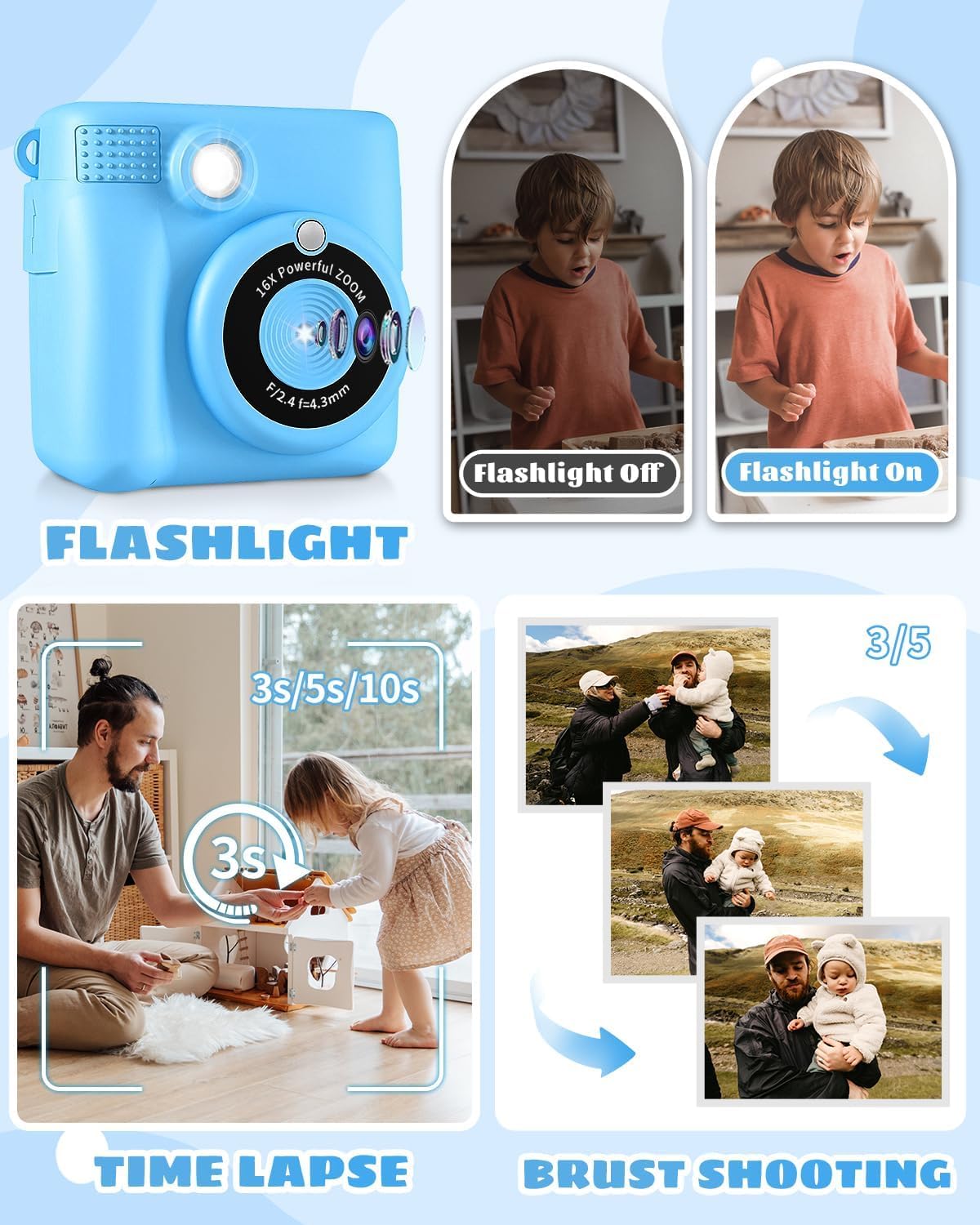 Kinderkamera Spielzeug, 2.4 Zoll Bildschirm DIY Sofortbildkamera Kinder, 1080P HD-Video Digitalkamera für Kinder, mit 32GB SD Karte & Druckpapier, Geschenk für Mädchen & Jungen ab 3-14 Jahren (Blau)