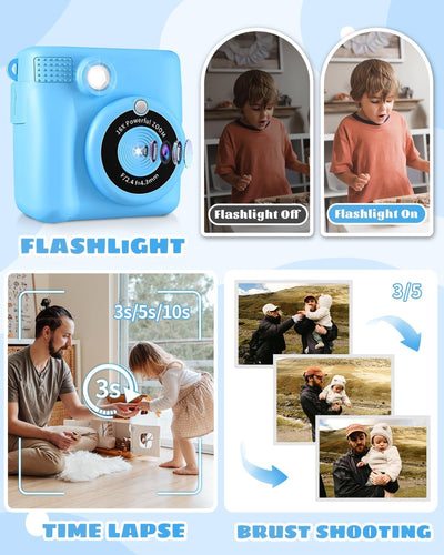 Kinderkamera Spielzeug, 2.4 Zoll Bildschirm DIY Sofortbildkamera Kinder, 1080P HD-Video Digitalkamera für Kinder, mit 32GB SD Karte & Druckpapier, Geschenk für Mädchen & Jungen ab 3-14 Jahren (Blau)