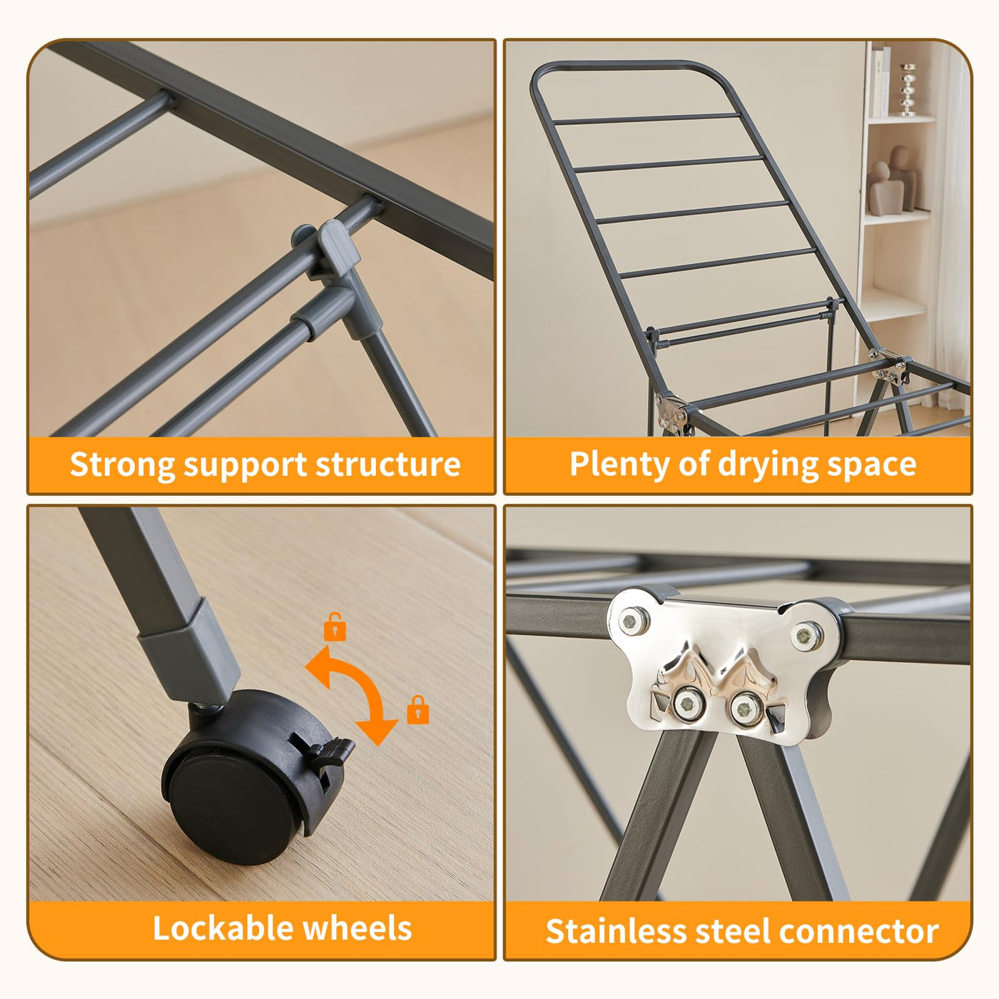 Kaixin Rabbit Zusammenklappbarer Wäscheständer，Und Habe 18 stangen，Räder können festgestellt Werden，Wäscheständer aus Metall，Rostschutzbehandlung，Kann drinnen und draußen verwendet Werden