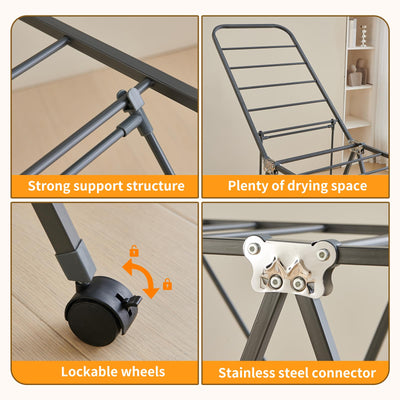 Kaixin Rabbit Zusammenklappbarer Wäscheständer，Und Habe 18 stangen，Räder können festgestellt Werden，Wäscheständer aus Metall，Rostschutzbehandlung，Kann drinnen und draußen verwendet Werden