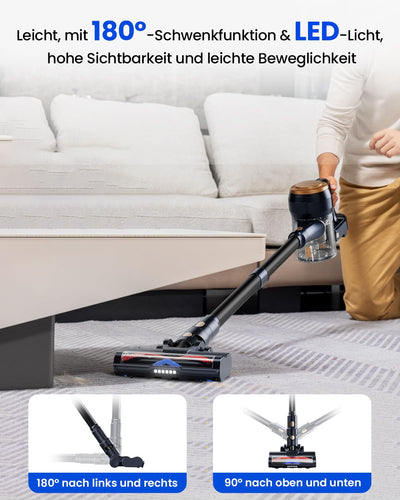 Proscenic P11 Lite 38kPa/400W Akku Staubsauger Kabellos Leichter, 40 Minuten auswechselbarer Akku, LED Display, haustierfreundlich geeignet für Teppich/Hartböden, Schwarz-gold