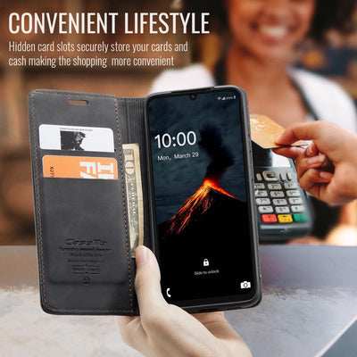 owlhold Hülle Samsung Galaxy A06 klapphülle Samsung A06 Premium Lederhülle Weiches Vintage-Nubukleder Faltbare Ständer Schutzhülle Kartenfach Standfunktion Handyhülle Samsung Galaxy A06 5G - Schwarz