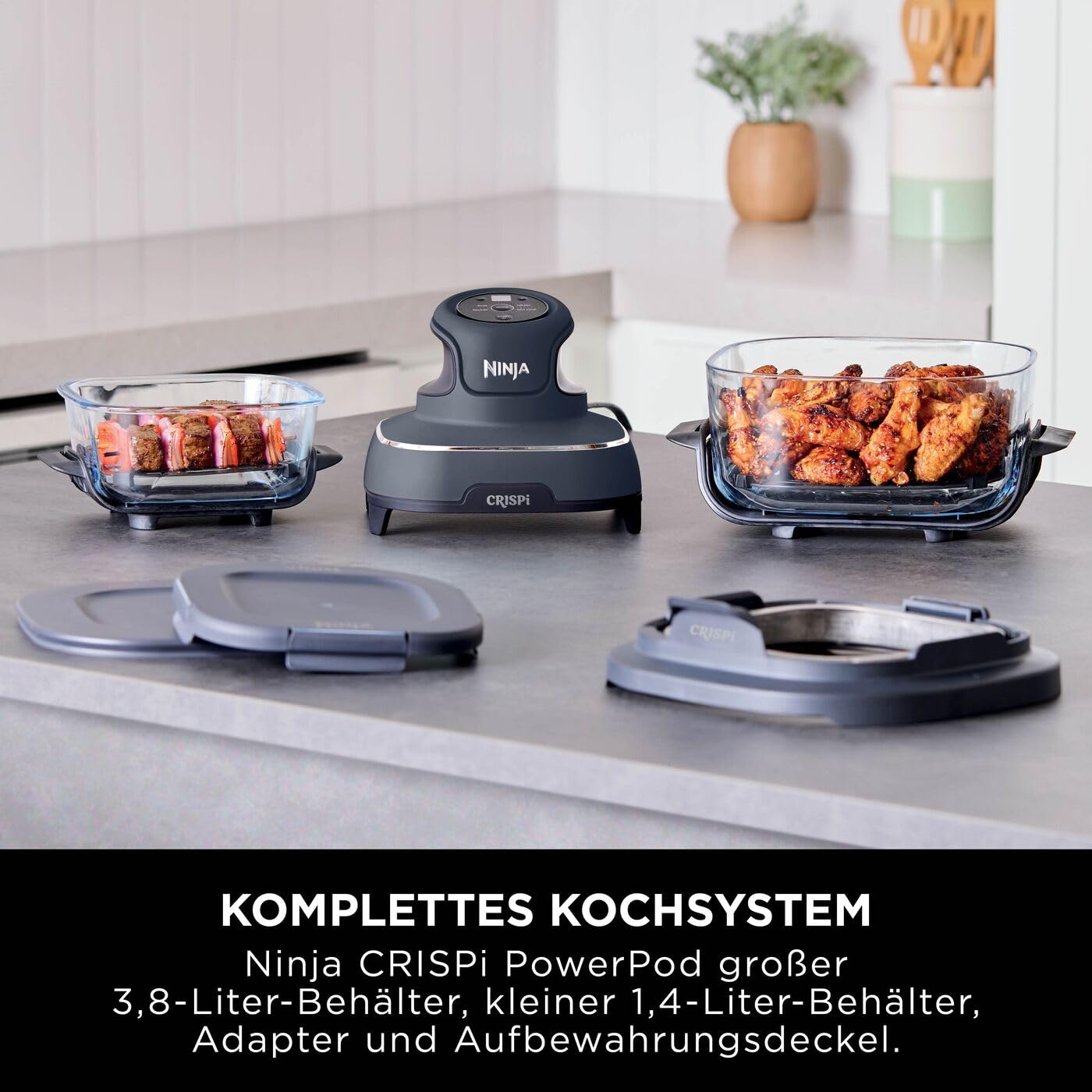 Ninja CRISPi tragbare Airfryer Heißluftfritteuse, 3,8 l, 4-in-1: Heißluftfrittieren, Braten, Warmhalten, Recrisp, kompakt, 6 Portionen, 2x herausnehmbare Glasbehälter & Deckel, 1.700 W, Grau FN101EUGY