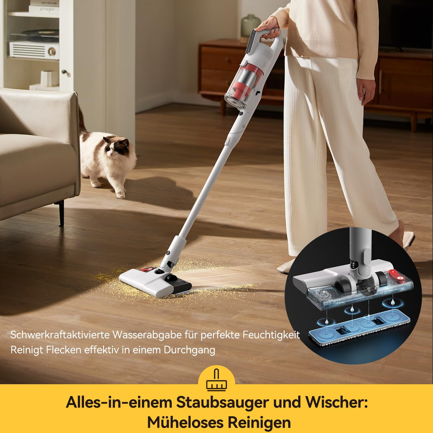 Deerma Staubsauger Kabellos: Akku Staubsauger mit Wischfunktion 2-in-1 Sauger mit Wischfunktion Vacuum Cleaner Ideal für Tierhaare alle Bodenarten Mit Langer Akkulaufzeit und einfacher