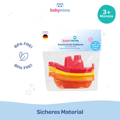 babynova Badeboote – Pädagogisches Baby- und Kleinkindspielzeug – Ab 3 Monaten – 3-teiliges Set – Entwicklung von Motorik und Koordination – Geeignet für Badewanne und Sandkasten – Rot, Gelb, Orange