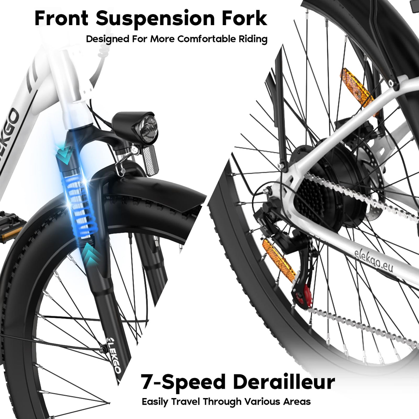 ELEKGO 28 Zoll E-Bike Elektrofahrrad, 7-Gang-Getriebe, 36V Abnehmbarer Akku, City Bike mit Geschwindikeit bis 25km/h，LCD-Display，Ausgestattet mit stoßdämpfenden Gabeln (White)
