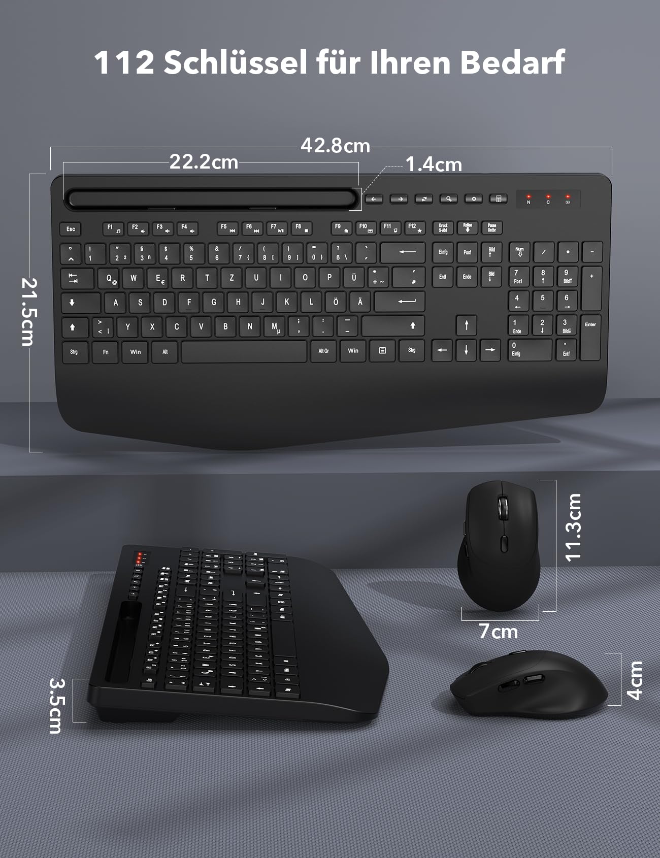Tastatur Maus Set Kabellos, Ergonomische Tastatur in Voller Größe mit Handgelenkauflage, Telefonhalter, Schlafmodus, Leise 2,4 GHz kabellose Tastatur und Maus für Mac, Windows, Computer, Laptop, PC