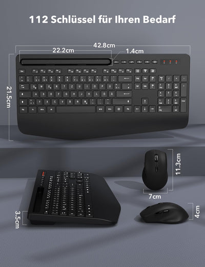 Tastatur Maus Set Kabellos, Ergonomische Tastatur in Voller Größe mit Handgelenkauflage, Telefonhalter, Schlafmodus, Leise 2,4 GHz kabellose Tastatur und Maus für Mac, Windows, Computer, Laptop, PC