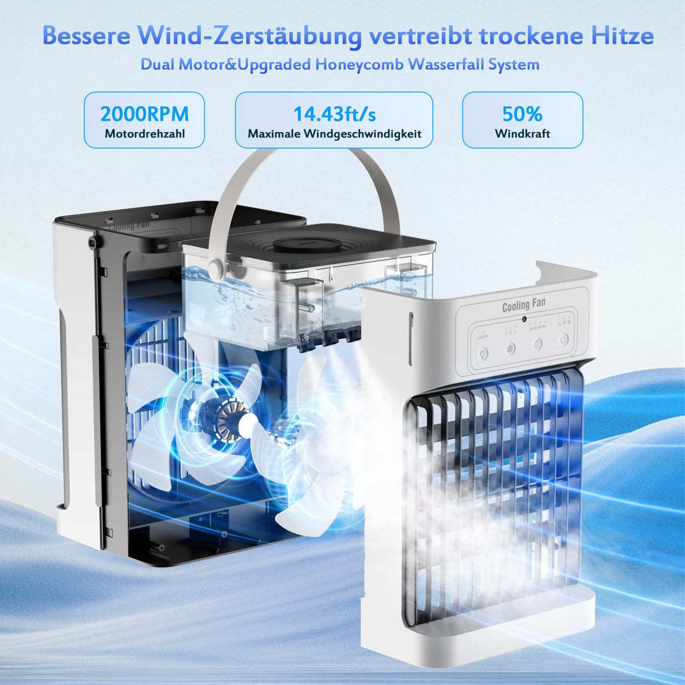 Mobile Klimaanlage mit Fernbedienung,1100ML Mini Luftkühler mit Wasserkühlung, 2-8H Timer & 7 LED，3 Luftgeschwindigkeiten & 3 Kühlnebel, Mobiles Klimagerät für zimmer,Wohnungen und Büro