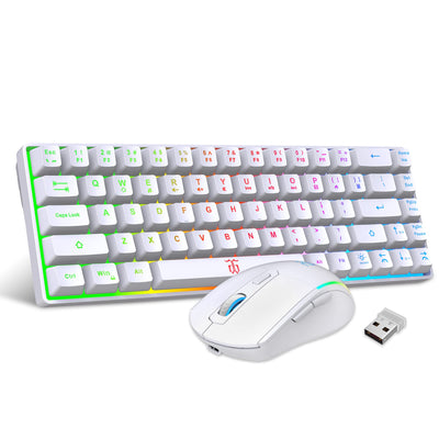 Snpurdiri 60% Tastatur Maus Set Kabellos, LED-Beleuchtung, wiederaufladbare 2000mAh Batterie Small Mini 60 Prozent Wireless Gaming Combo, Ergonomisches Design 6D 3200DPI Maus (Weiß)