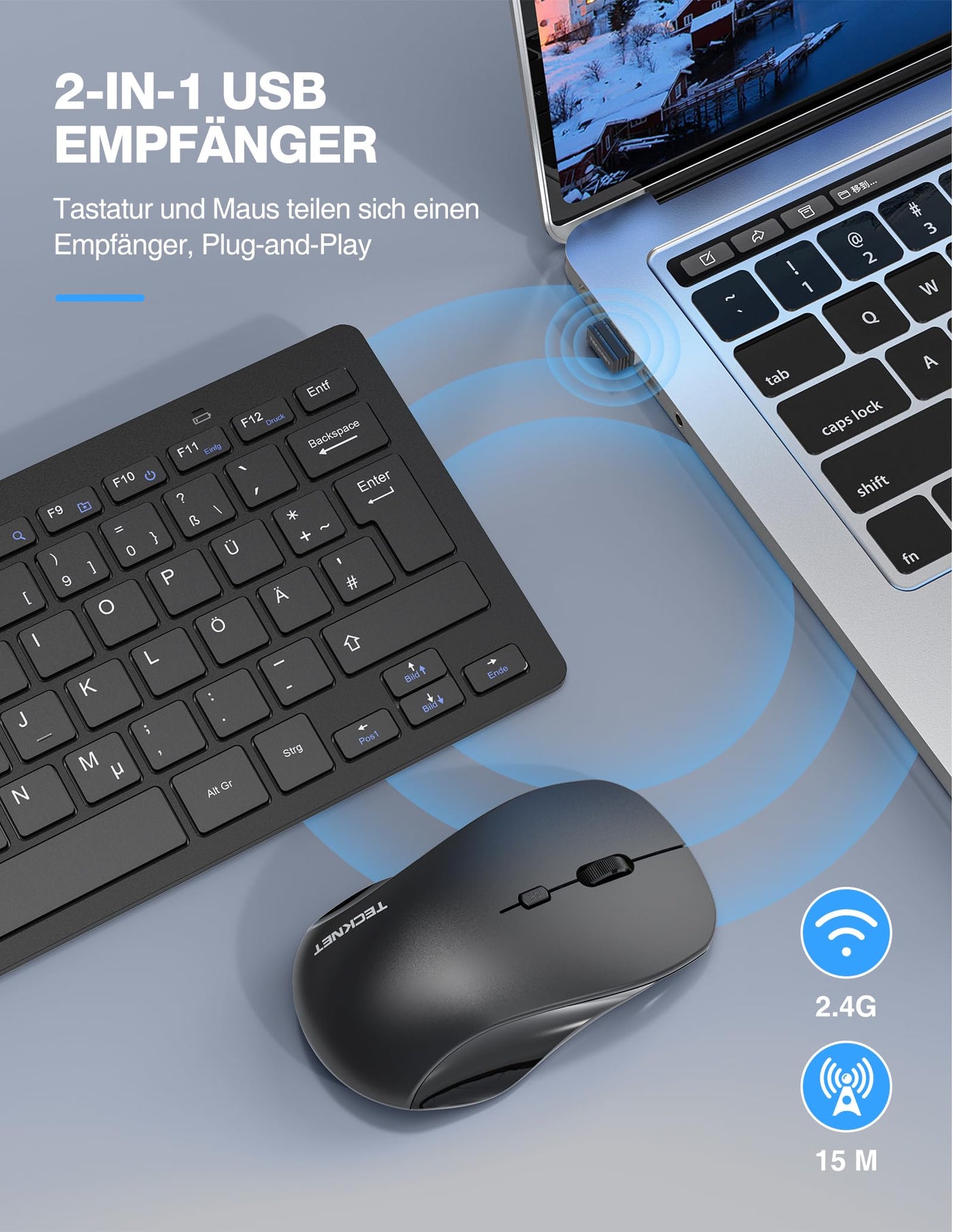 TECKNET Kabelloses Tastatur Maus Set, Deutsch QWERTZ Layout, 2.4 GHz Funk Mini Tastatur Mouse, 15m Reichweite Verbindung, Wireless Leise Funktastatur mit Maus für PC, Laptop, Smart TV, Schwarz