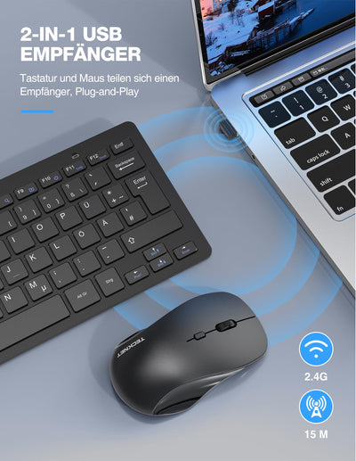 TECKNET Kabelloses Tastatur Maus Set, Deutsch QWERTZ Layout, 2.4 GHz Funk Mini Tastatur Mouse, 15m Reichweite Verbindung, Wireless Leise Funktastatur mit Maus für PC, Laptop, Smart TV, Schwarz