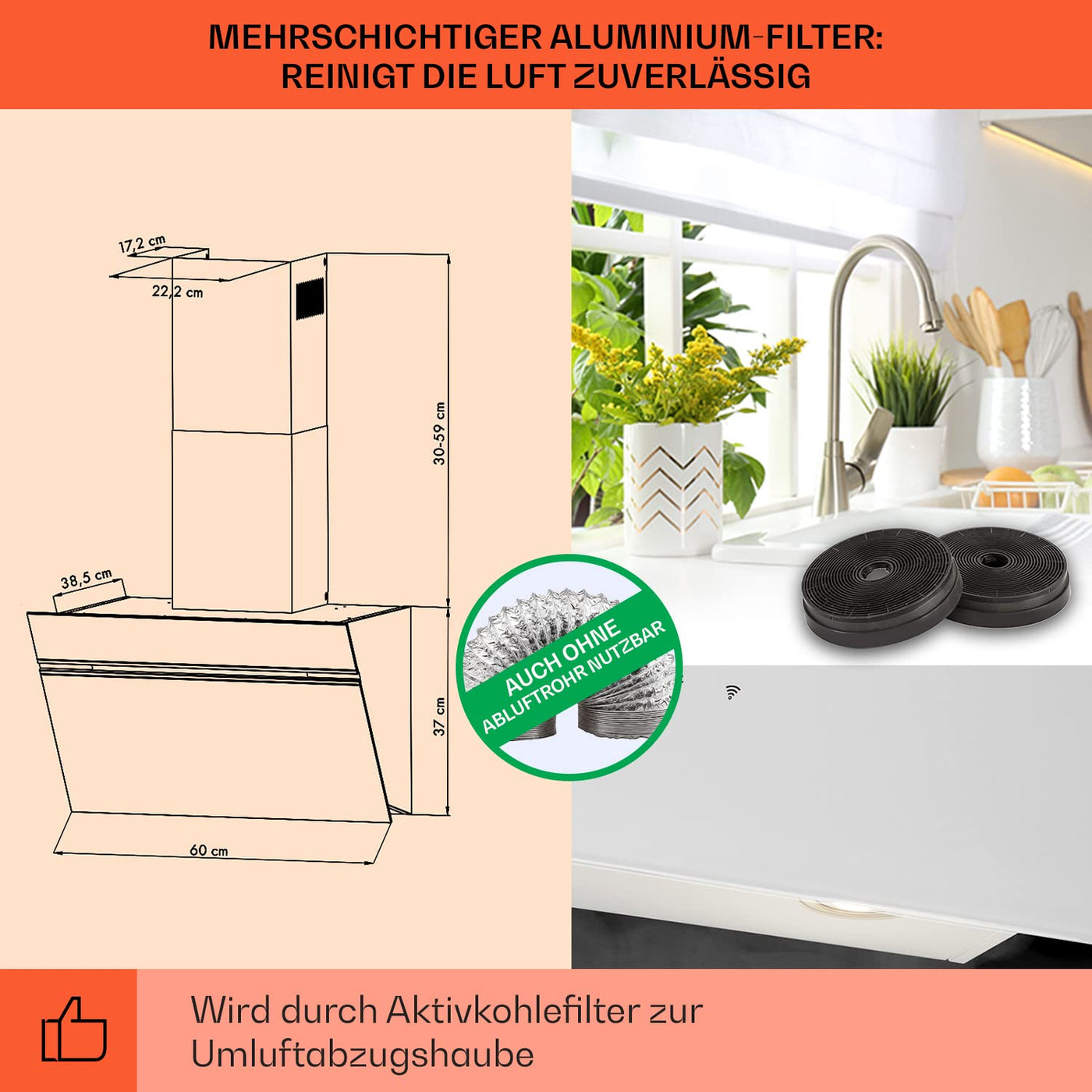 Klarstein Dunstabzugshaube 60cm, Umluft/Abluft-Dunstabzugshaube mit RGB-LEDs, Leistungsstarke Abzugshaube Leise, 594 m³/h Luftstrom, Schräghaube mit Aktivfilter & IoT/WiFi, Dunstabzug 60 cm