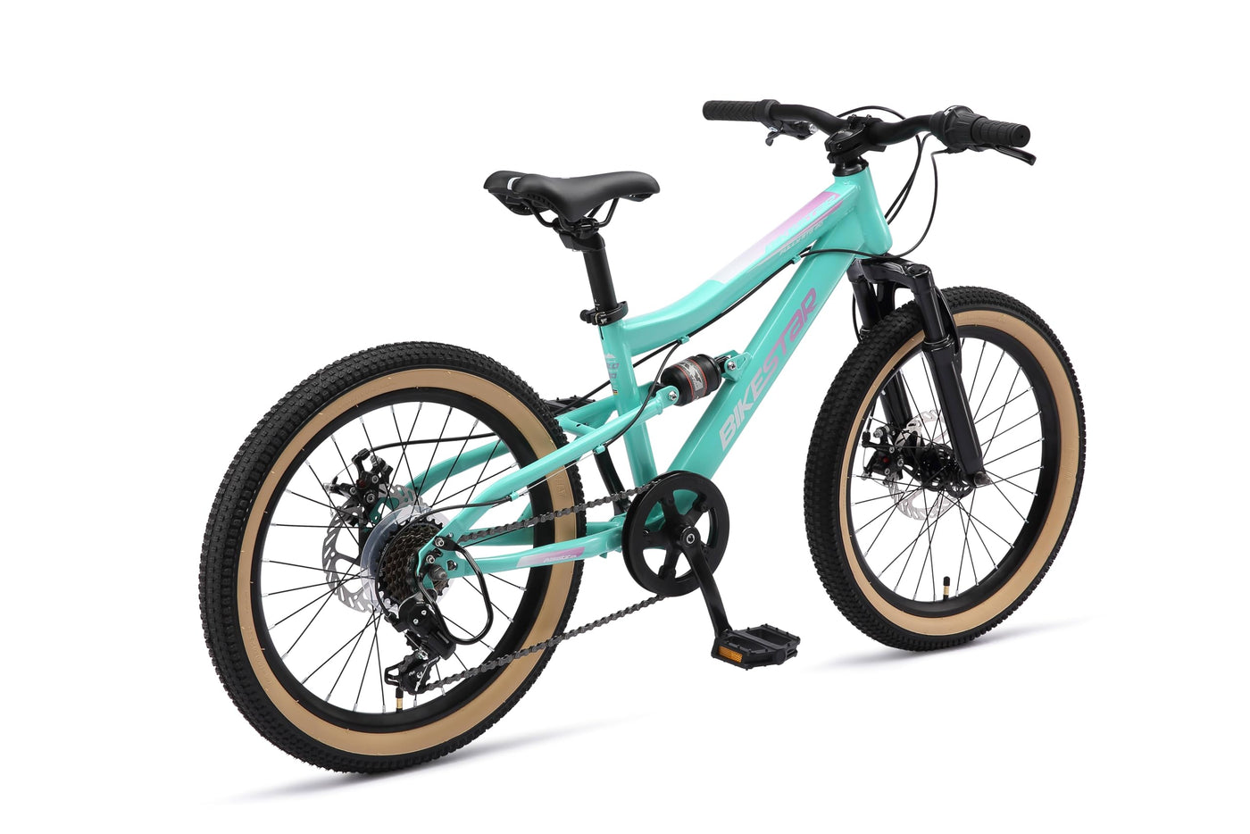 BIKESTAR Kinder Fahrrad Fully Mountainbike 7 Gang Shimano, Scheibenbremse ab 6 Jahre | 20 Zoll Kinderrad MTB | Mint