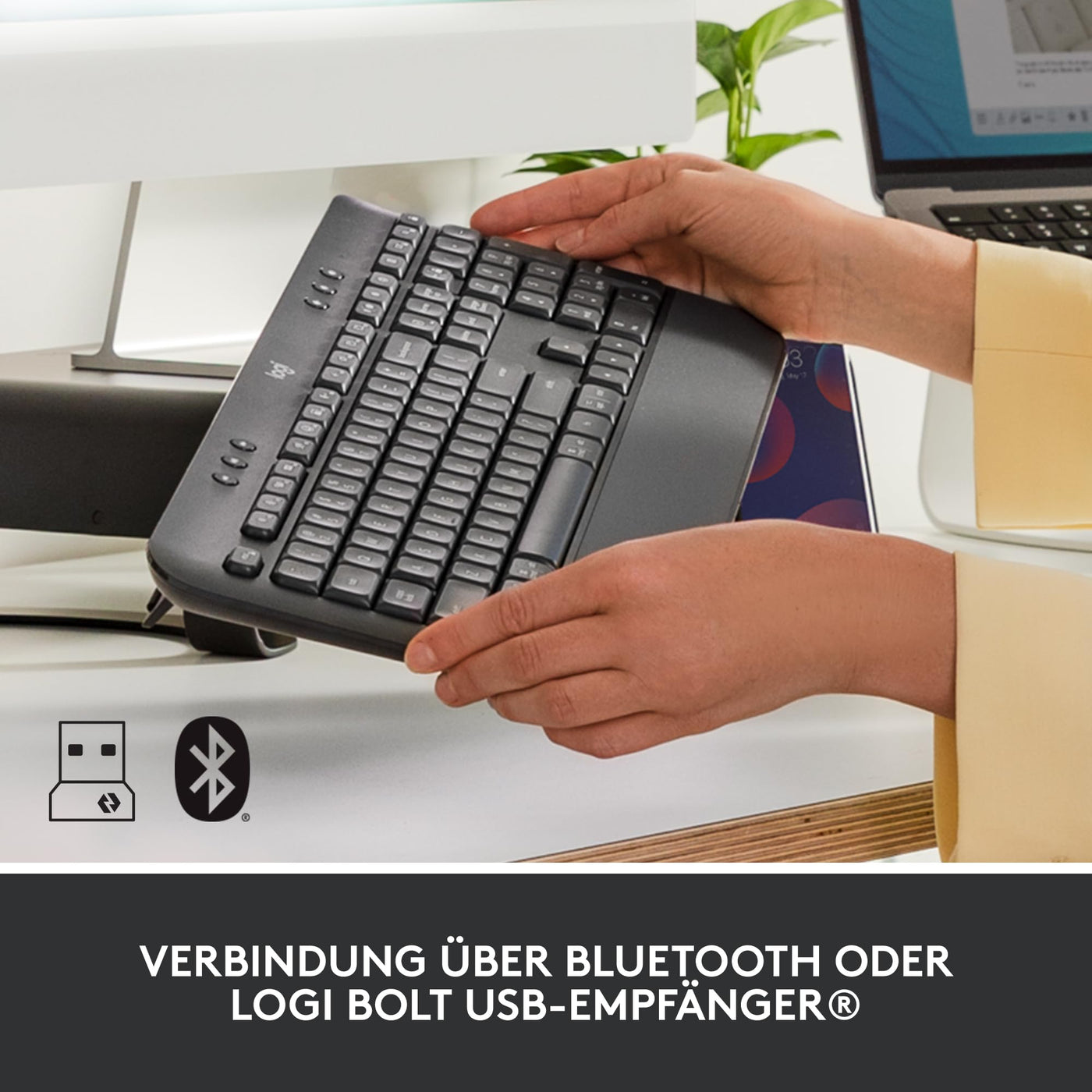 Logitech Signature K650 Comfort kabellose Tastatur mit Handballenauflage, BLE Bluetooth/Logi Bolt USB-Empfänger, Soft-Touch-Tastatur, Numpad, PC/Windows/Mac, Deutsches QWERTZ - Grau