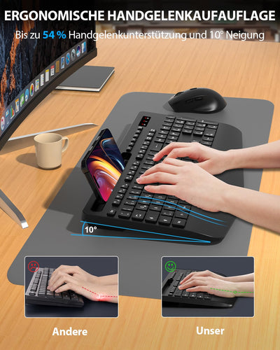 Tastatur Maus Set kabellos, Handballenauflage, Telefonhalter, Akku im Lieferumfang enthalten, 2.4G keine Latenz Ergonomische Tastatur kabellos Set, Leise Maus und Tastatur für Laptop, PC, Mac, Windows