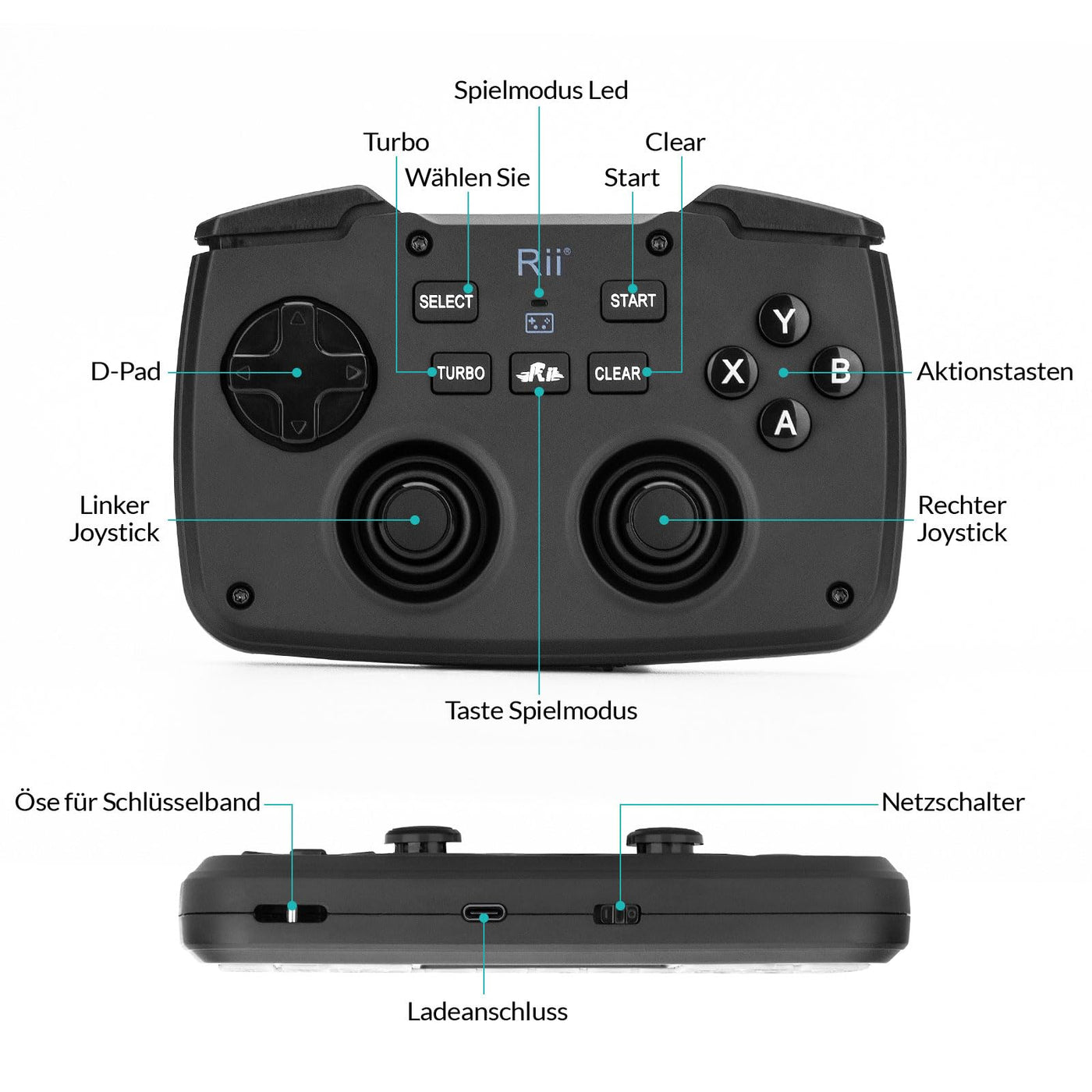 Rii Gaming Controller Wireless mit Tastatur mit Touchpad, 3-in-1-Funktionalität, 2,4GHz-Empfänger-Anschluss, Wiederaufladbare, Weiße Hintergrundbeleuchtung