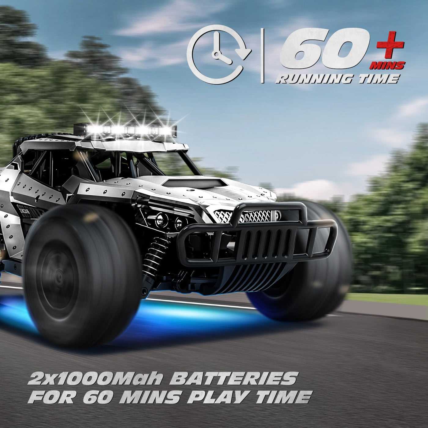 Tecnock Ferngesteuertes Auto 1:16 mit Scheinwerfer und Fahrgestellbeleuchtung, All Terrain Off Road RC Monstertruck 2,4GHz Spielzeug, 2 Akku für 60 Min. Laufzeit - Geschenk für Erwachsene Kinder