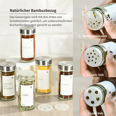 Miorkly 12 Gewürzgläser mit Streueinsatz-Hochwertiger Edelstahldeckel Gewürzdosen-Runder Gewürzstreuer-Transparenter Gewürzbehälter-Gewürze Set hat Gewürzgläser Rund, Ausgangssiebe et