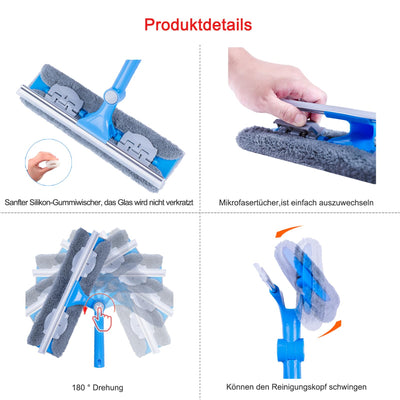 Mitclear 3,7m Teleskop Fensterwischer Abzieher Set, Langer Glas Fensterreiniger mit Verlängerungsstange und Gummilippe (31cm) für hohe Fenster im Innen- und Außenbereich