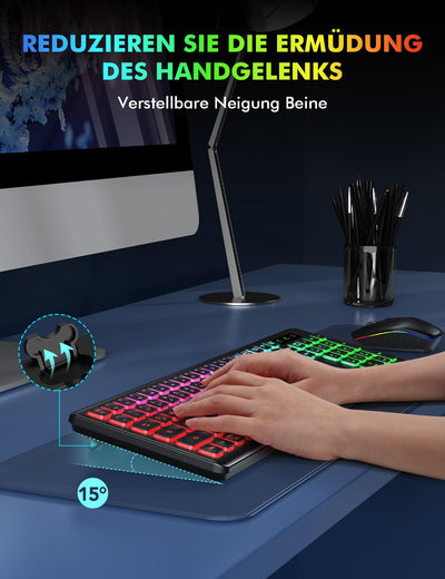 Tastatur Maus Set Kabellos Beleuchtete, wiederaufladbar & Automatischer Schlaf, verstellbare Höhe, 2,4 GHz LED leise USB-A & USB-C Funktastatur mit Maus, für Mac OS/Windows/PC/Laptop-Schwarz, QWERTZ
