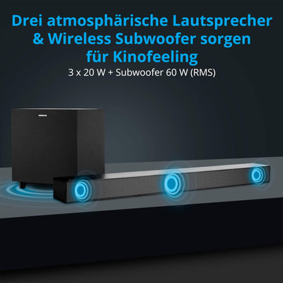 MEDION S61022 3.1 Dolby Atmos Soundbar mit kabellosen Subwoofer (für TV Geräte, Bluetooth 5.3, HDMI eARC CEC, optischer Eingang, AUX, 3 x 20 W + 60 W (RMS) Subwoofer kabellos, Fernbedienung