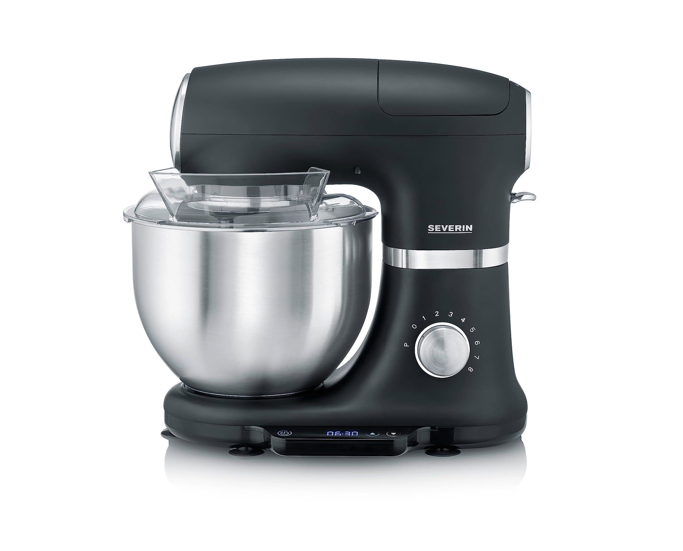 SEVERIN Küchenmaschine mit Waage, große Knetmaschine für bis zu 3 kg Kuchenteig, robuste Teigmaschine mit Knethaken, Flachrührer und Schneebesen, 1.000 W, schwarz, matt/Edelstahl, KM 3898, 3.8