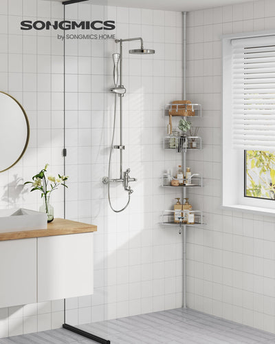 SONGMICS Duschregal, Badregal, Duschablage ohne Bohren, Gesamthöhe 80-323 cm, mit 4 Ebenen, Regal höhenverstellbar, für Badezimmer, Taubengrau BCB003E01