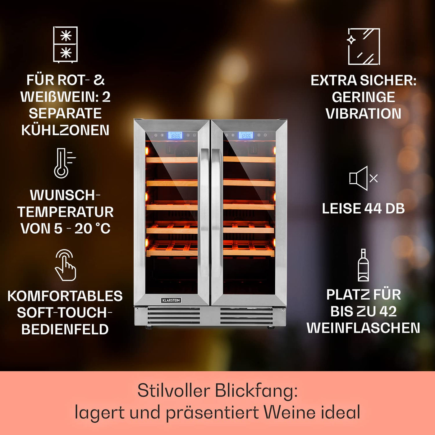 Klarstein Einbau-Weinkühlschrank, 2 Zonen Getränkekühlschrank Klein, Kleiner Weinschrank 126L, Wein-Kühlschrank Klein mit Glastür, Indoor/Outdoor Flaschenkühlschrank, Wine Fridge für 42 Flaschen