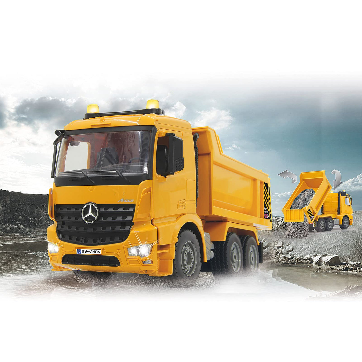 JAMARA 404940 - Muldenkipper Mercedes-Benz Arocs 2,4 GHz - Kippmulde hoch/runter, realistischer Motorsound, Hupe, Rückfahrwarnsound, 4 Radantrieb, gelbe LED Signallichter, programmierbare Funktionen
