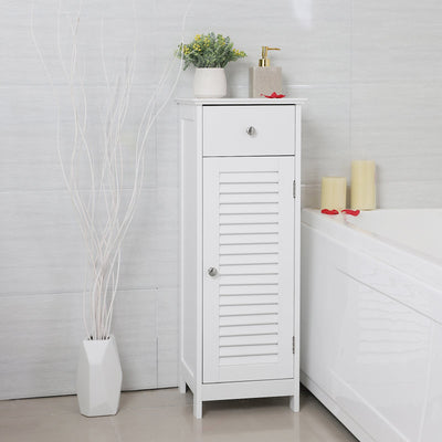 VASAGLE Badezimmerschrank, Badschrank schmal, Aufbewahrungsschrank, kleiner Schrank, mit Schublade, Lamellentür, für Badezimmer, Wohnzimmer, Schlafzimmer, 30 x 32 x 87 cm, weiß BBC43WT