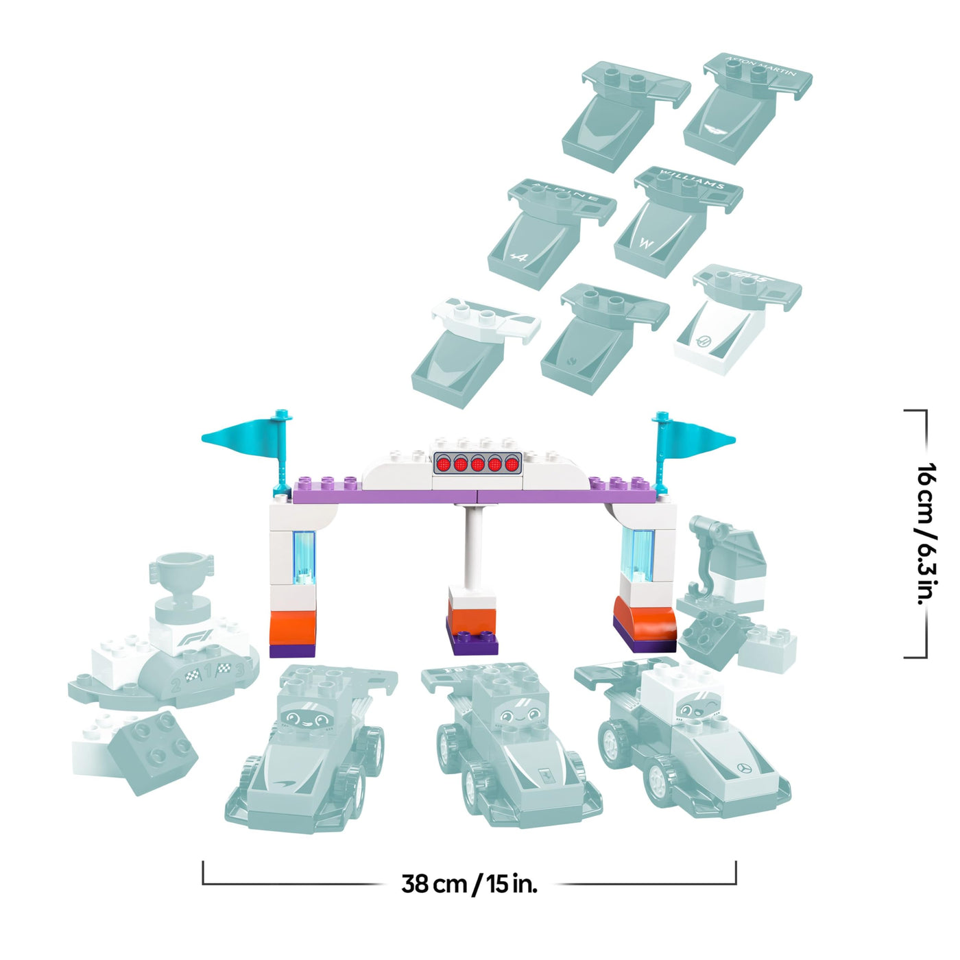 LEGO DUPLO Town F1 Team Rennautos mit Rennfahrern - Montessori Spielzeug für Mädchen & Jungen - Lernspielzeug für Kinder ab 2 Jahren - 10 Spielzeug Autos mit Kran, Startlichtern, Siegerpodest - 10445