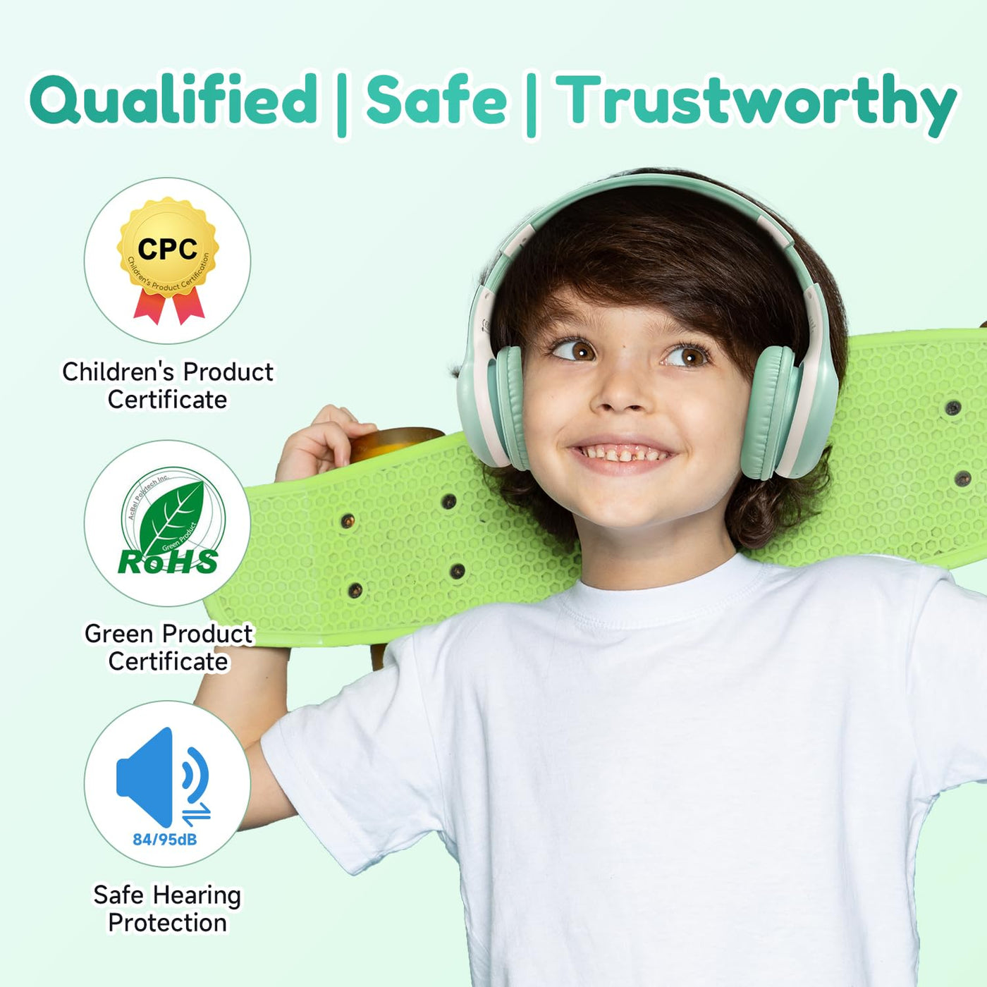 EarFun Bluetooth Kopfhörer Kinder, 85/94dB Lautstärkeregelung, HiFi Sound, HD-Mikrofon, 40 Std Akku, Faltbare, Einstellbar, Kopfhörer Kabellos Bluetooth Kinder für Schule/Reise/PC, Grün