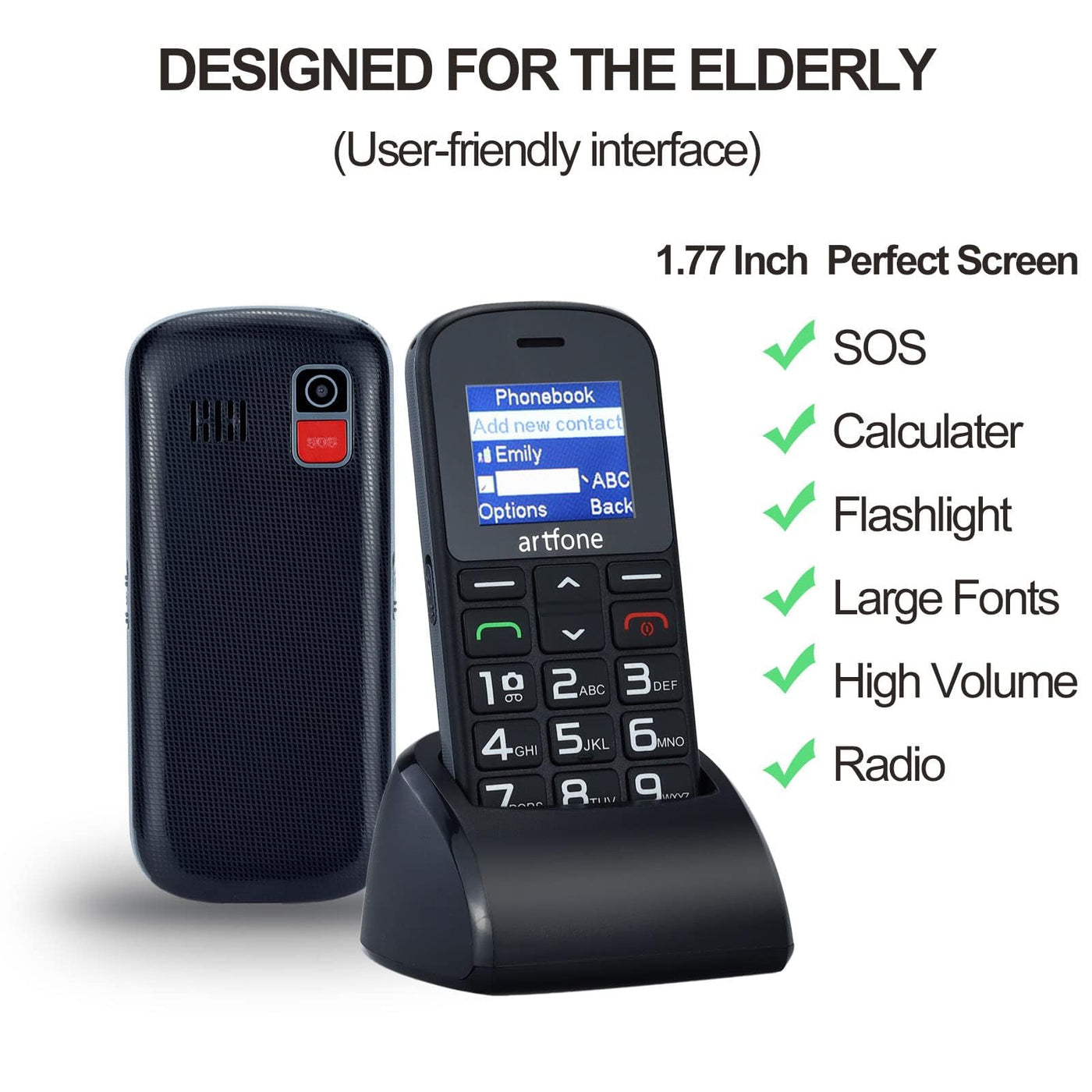 artfone CS182 Seniorenhandy ohne Vertrag丨Mobiltelefon mit großen Tasten丨GSM Dual SIM Rentner Handy丨Ladestation丨SOS Notruftaste丨1,8 Zoll Farbdisplay丨FM丨Lange Standby-Zeit丨Großtastenhandy - Schwarz