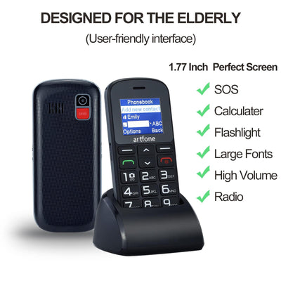 artfone CS182 Seniorenhandy ohne Vertrag丨Mobiltelefon mit großen Tasten丨GSM Dual SIM Rentner Handy丨Ladestation丨SOS Notruftaste丨1,8 Zoll Farbdisplay丨FM丨Lange Standby-Zeit丨Großtastenhandy - Schwarz