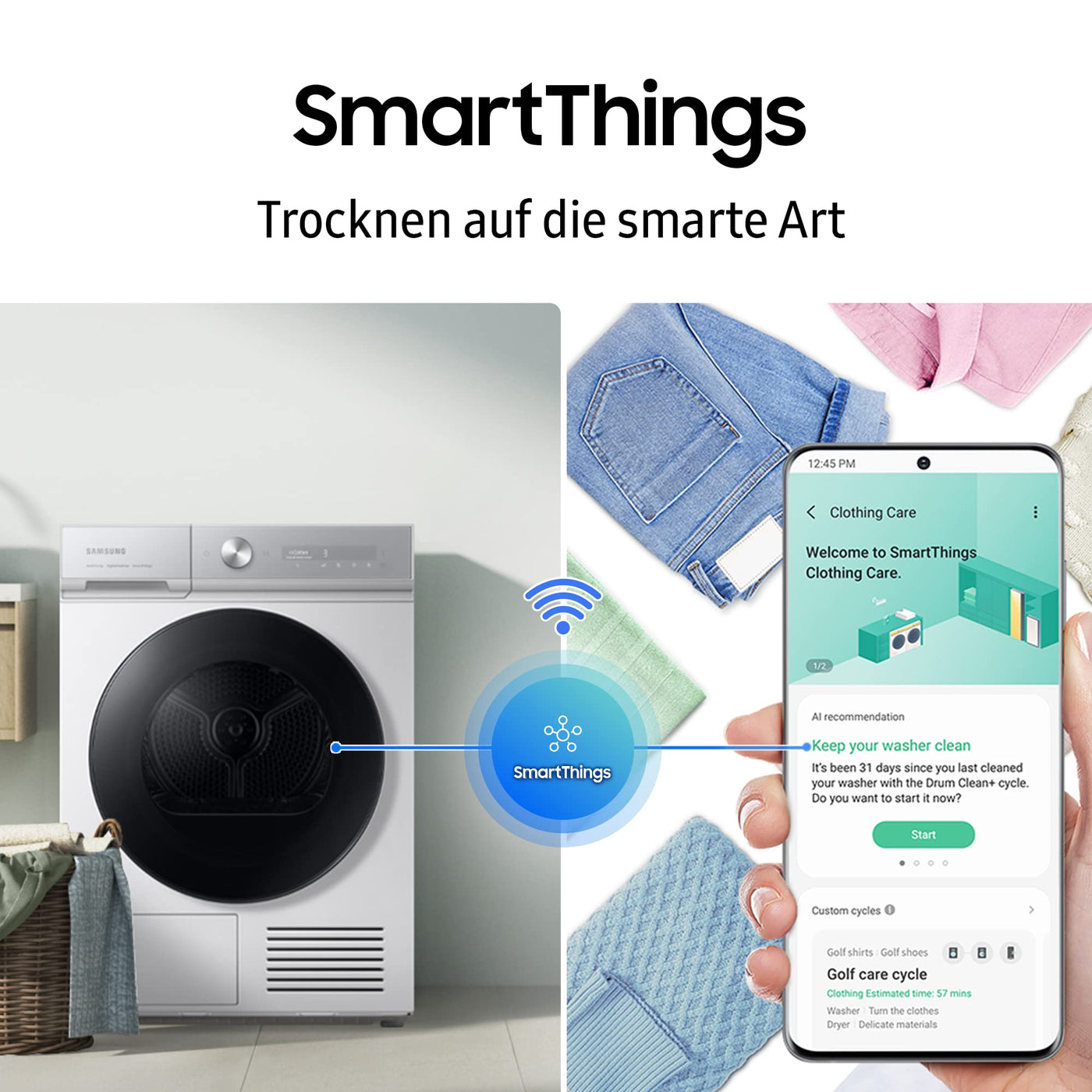 Samsung WW90T504AAWCS2 Waschmaschine, 9 kg, 1.400 U/min, Extra energiesparend, EEK: A (-10 %), AI Ecobubble, AI Control, SmartThings App und AI Energy Mode, Hygiene-Dampfprogramm, Weiß