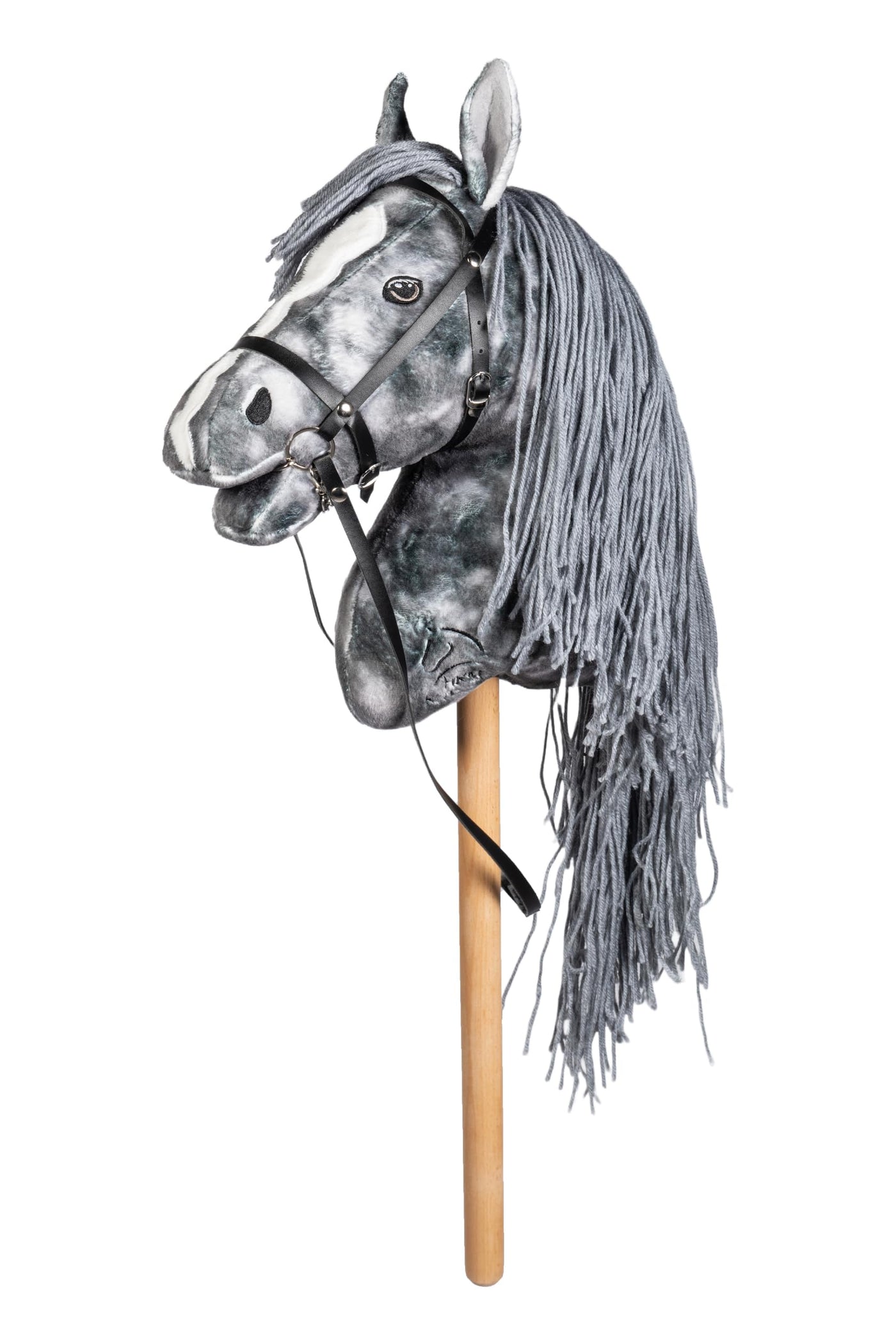 HKM Hobby Horse Beni – Steckenpferd Silbergrau, abnehmbare Trense & Lange Mähne, 40 cm Holzstiel – für Hobby Horsing Dressur & Parcours