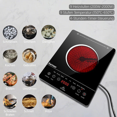 Karinear Glaskeramik Kochfeld 1 Platte Tragbar, 650 °C Max, Keramik Kochfeld Kochplatte 1er Freistehend, 2000W, Herdplatte 1 Kochfelder mit Stecker, Timer, Kindersicherung, Restwärmeanzeige, 220-240V