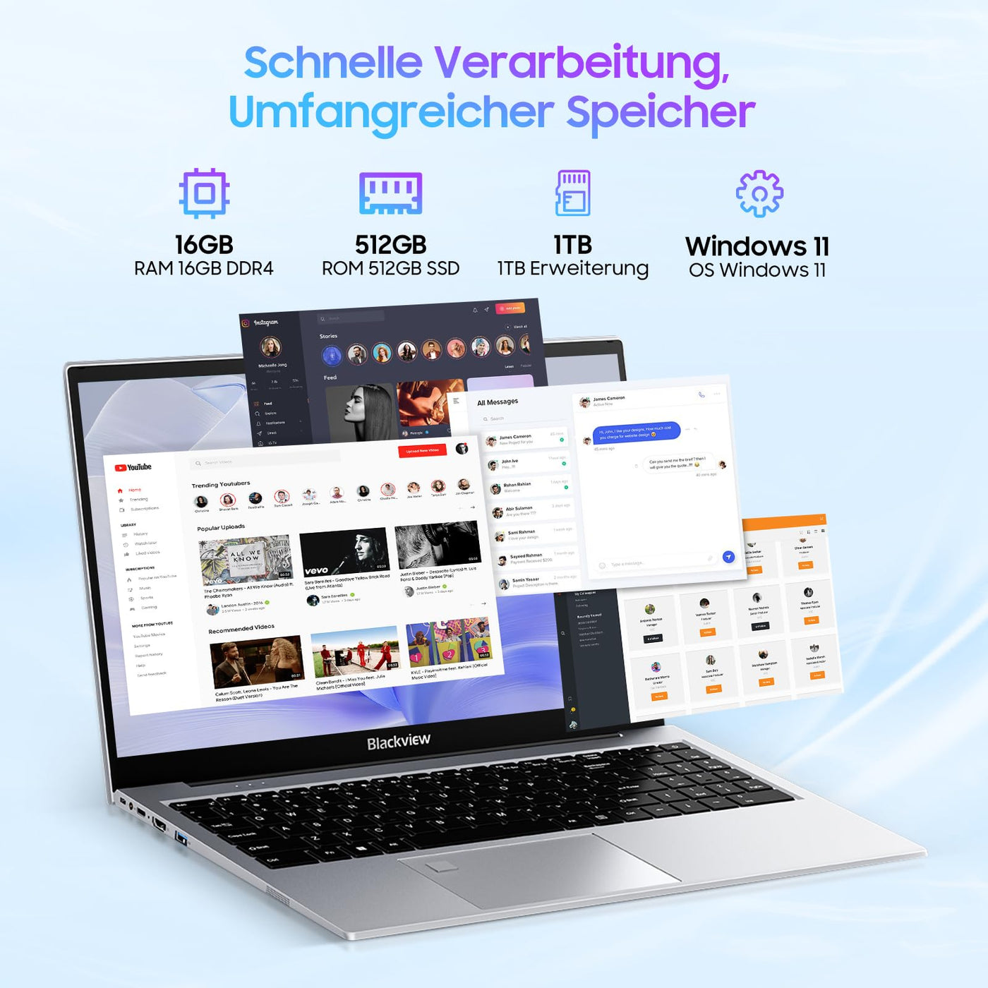 Blackview Laptop 15,6" FHD+ Notebook, 16GB DDR4 512GB SSD + TF, 3.6GHz Processor N97/UHD Graphics, Windows 11, 38Wh, QWERTY, HDMI 2.0, Bluetooth, USB 3.0, Fingerabdruck. FaceID, WLAN 5G