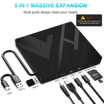 JBonest Externes CD DVD Laufwerk USB 3.0 Typ-C, Extern mit SD/TF-Kartenleser Portable RW Brenner,Schnelle Datenübertragung für Laptop,Desktop,MacBook,Win11/10/8/7/XP, Linux,Mac OS,Vista