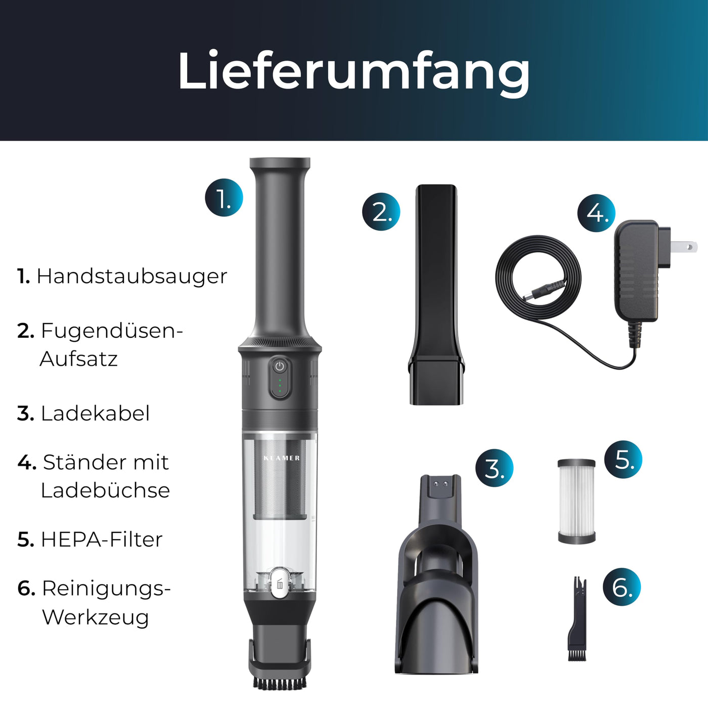 KLAMER Handstaubsauger, 140W Akku Handstaubsauger, Leistungsstark mit 16.000 PA und 36 min Laufzeit, Kabelloser Handstaubsauger inkl. Ladestation für Büro, Haus & Auto, beutellos