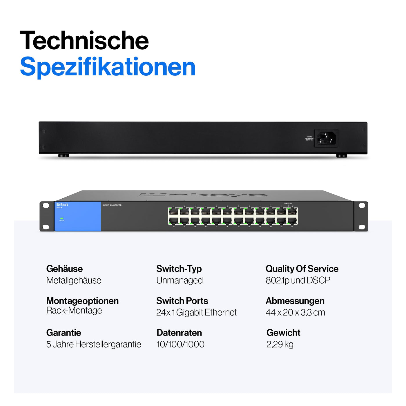 Linksys LGS124-EU 24-Port Unmanaged Gigabit-Netzwerk-Switch – Ethernet-Switch/Hub mit Metallgehäuse, Splitter – Platzierung an der Wand oder auf dem Schreibtisch im Büro oder zu Hause, Plug-and-Play