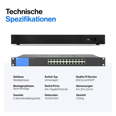 Linksys LGS124-EU 24-Port Unmanaged Gigabit-Netzwerk-Switch – Ethernet-Switch/Hub mit Metallgehäuse, Splitter – Platzierung an der Wand oder auf dem Schreibtisch im Büro oder zu Hause, Plug-and-Play