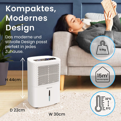 Pro Breeze Luftentfeuchter 12L in 24h Entfeuchtungsleistung - Raumgröße ca. 120m³ (~20 m²) - mit 3 Betriebsarten, Digitalanzeige, Ablaufschlauch, Timer - Gegen Feuchtigkeit, Schimmel Weiß