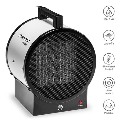 TROTEC Bauheizer elektrisch TDS 20 M – Heizleistung 1,5 kW / 3 kW – Elektroheizer Luftmenge 290 m³/h – Heizlüfter mit Thermostat, Keramik