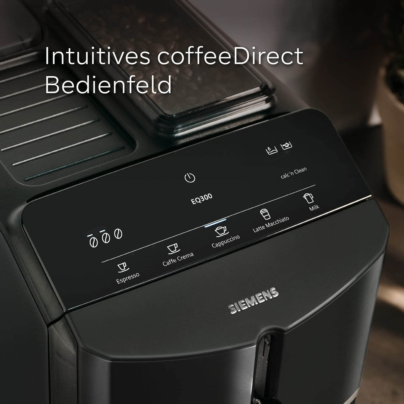 Siemens Kaffeevollautomat EQ300 TF301E19, für viele Kaffeespezialitäten, Milchaufschäumer, Keramikmahlwerk, OneTouch-Funktion, 1300 W, piano black