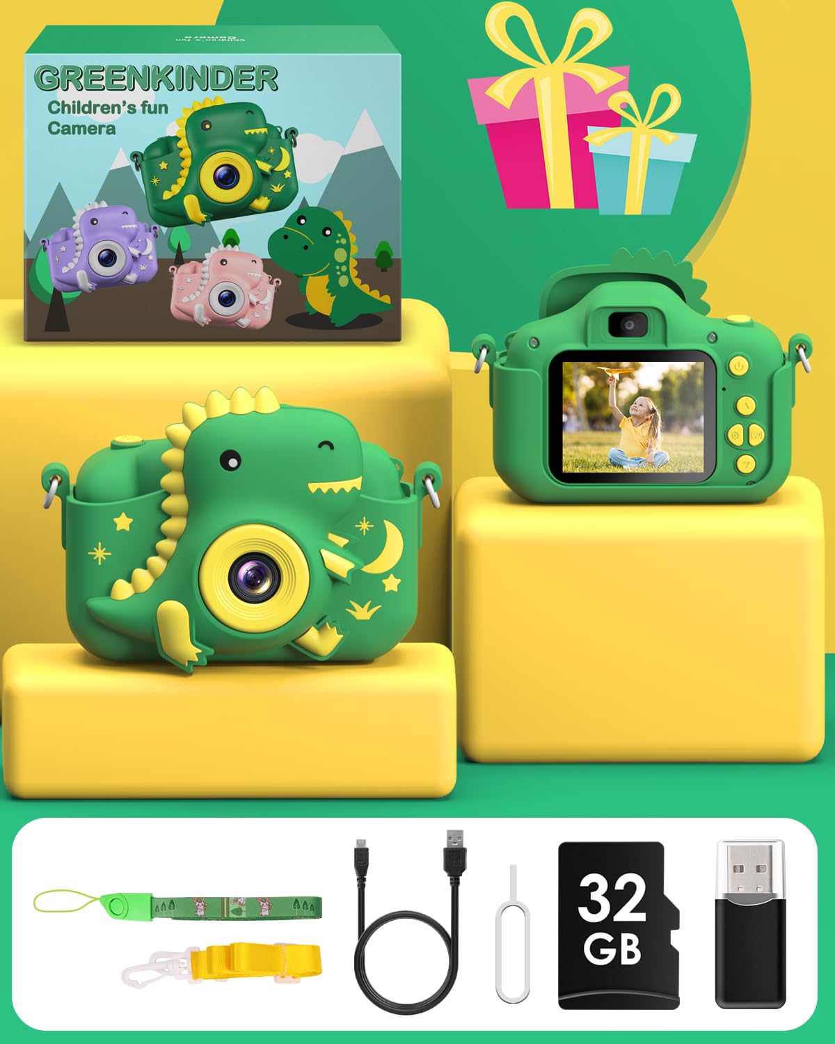 GREENKINDER Kinderkamera,2.0”-Bildschirm Kinder Kamera mit 32GB Karte, 20MP & 1080P HD Selfie Digitalkamera Kinder, Dinosaurier Geschenke für 3-12 Jahre Jungen und Mädchen