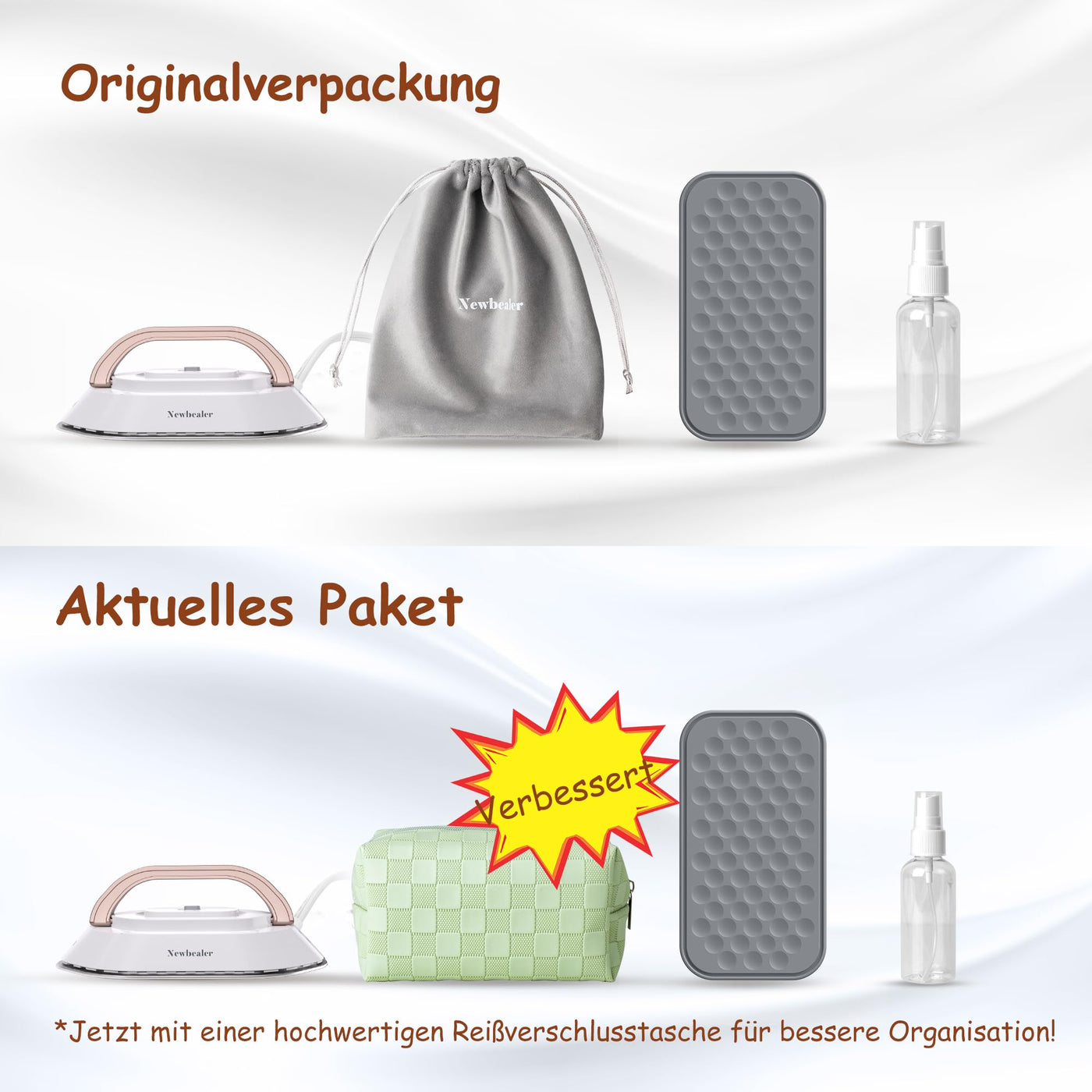 Newbealer Mini Reisebügeleisen mit umschaltbarer Spannung-220V/120V, Kompaktes Bügeleisen für Kleidung (kein Dampf), Keramikfläche, 150 °C Heißpress mit Sprühflasche, Beutel und Silikonständer