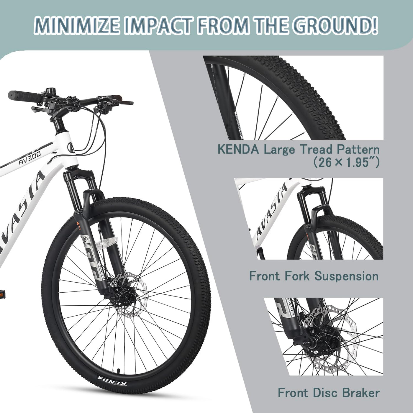 AVASTA AV300 26 Zoll Mountainbike MTB Pendlerrad Leichter Aluminiumrahmen 21 Gang Schaltung Vorderradfederung Scheibenbremsen vorne und hinten, weiß